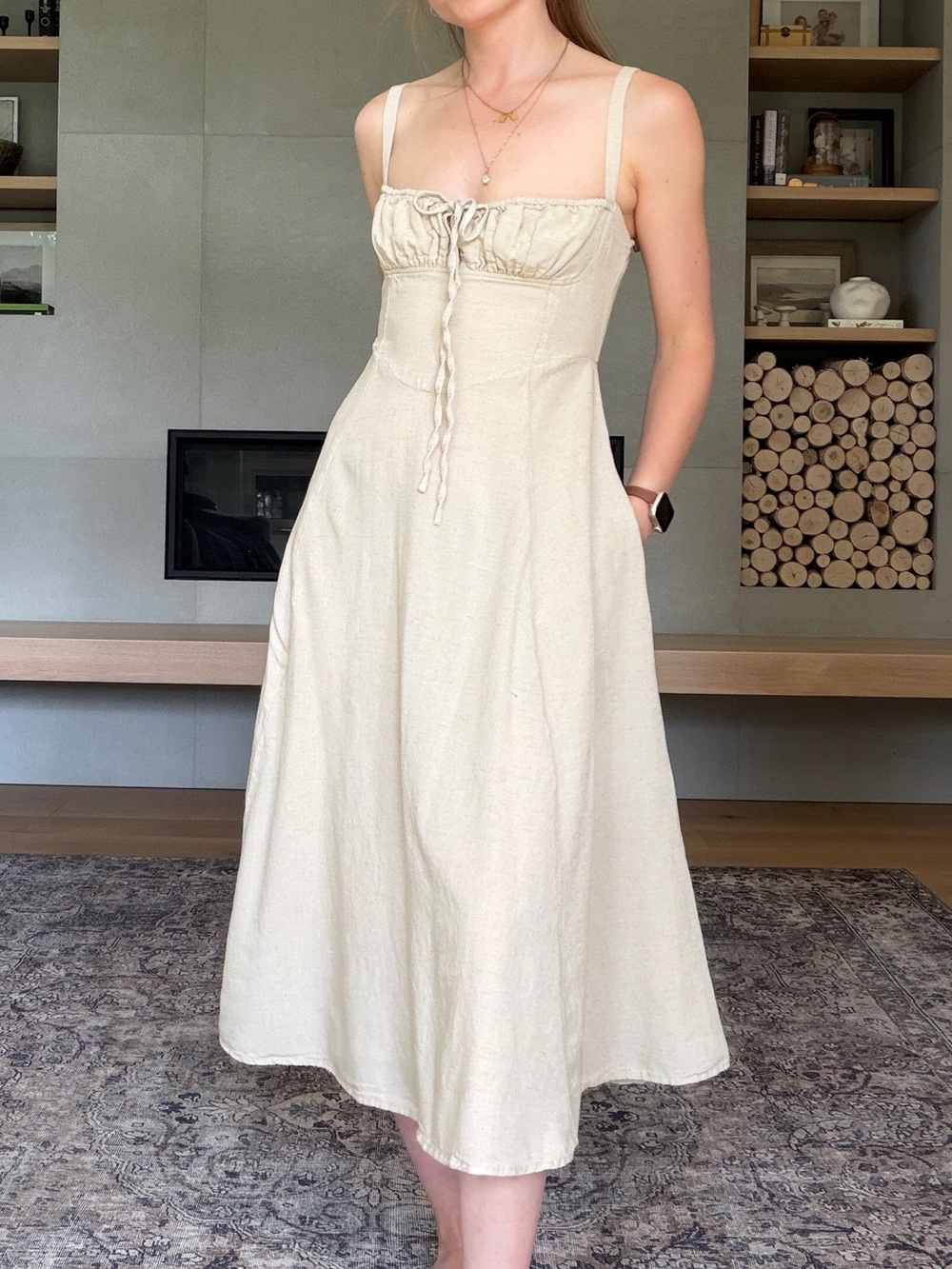 Sim & Sam milkmaid rayon linen Cream Tie-Front Midi Dress xs